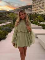 Women’s High-Neck Ruffle Long Sleeve Mini Dress