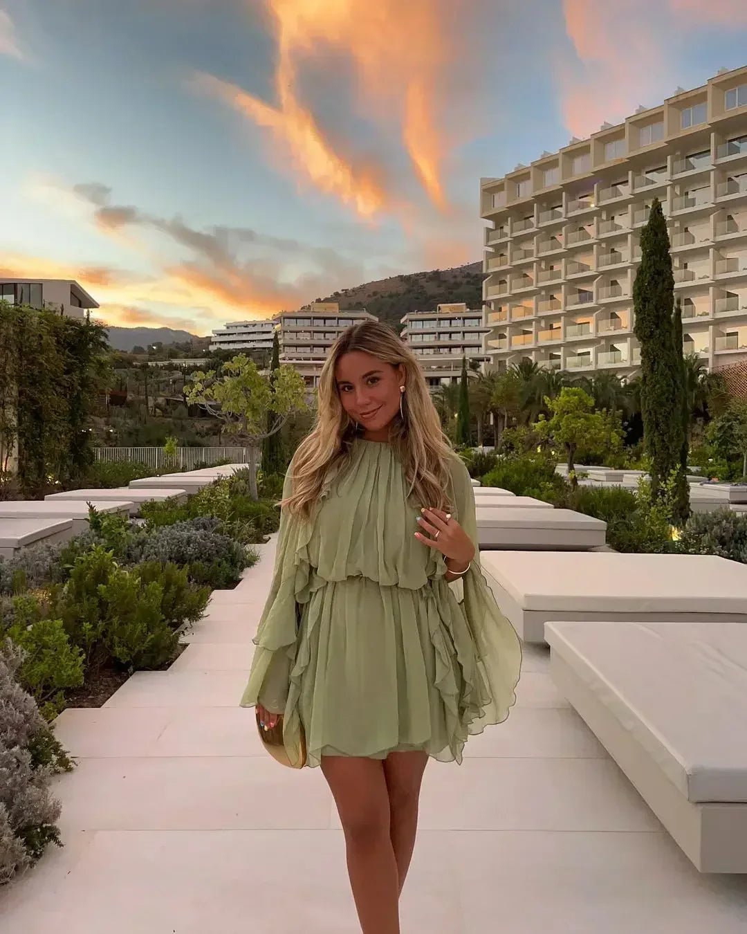 Women’s High-Neck Ruffle Long Sleeve Mini Dress