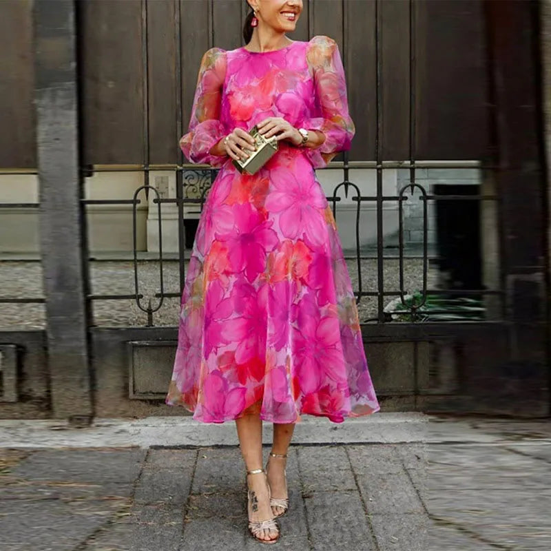 Women’s Floral Midi Dress with Sheer Puff Sleeves