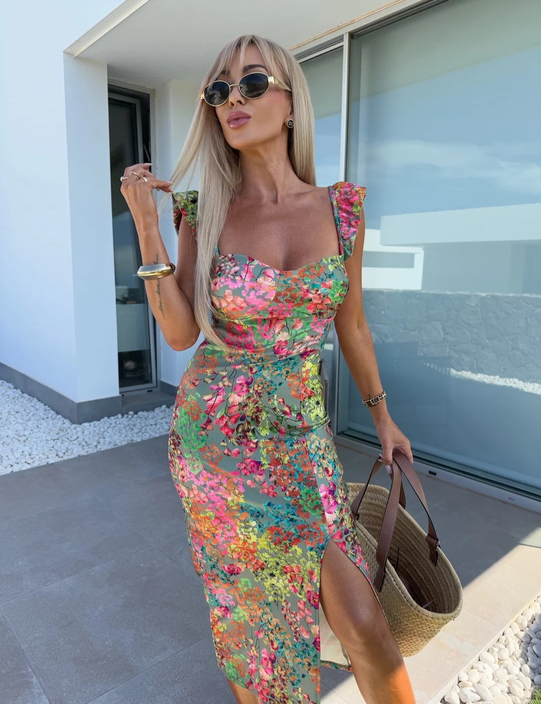 Women’s Sleeveless Floral Midi Dress with Side Slit
