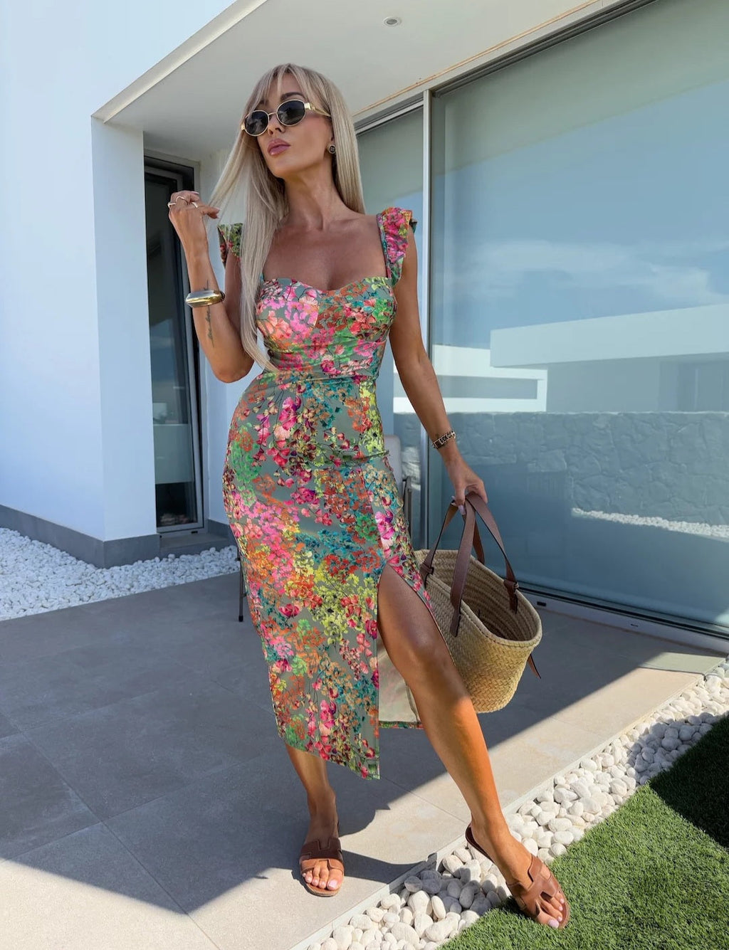 Women’s Sleeveless Floral Midi Dress with Side Slit