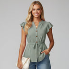 Women’s Button-Front Tie-Waist Cap Sleeve Blouse