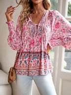 Women’s Boho Floral Tunic Top with V-Neck Tie