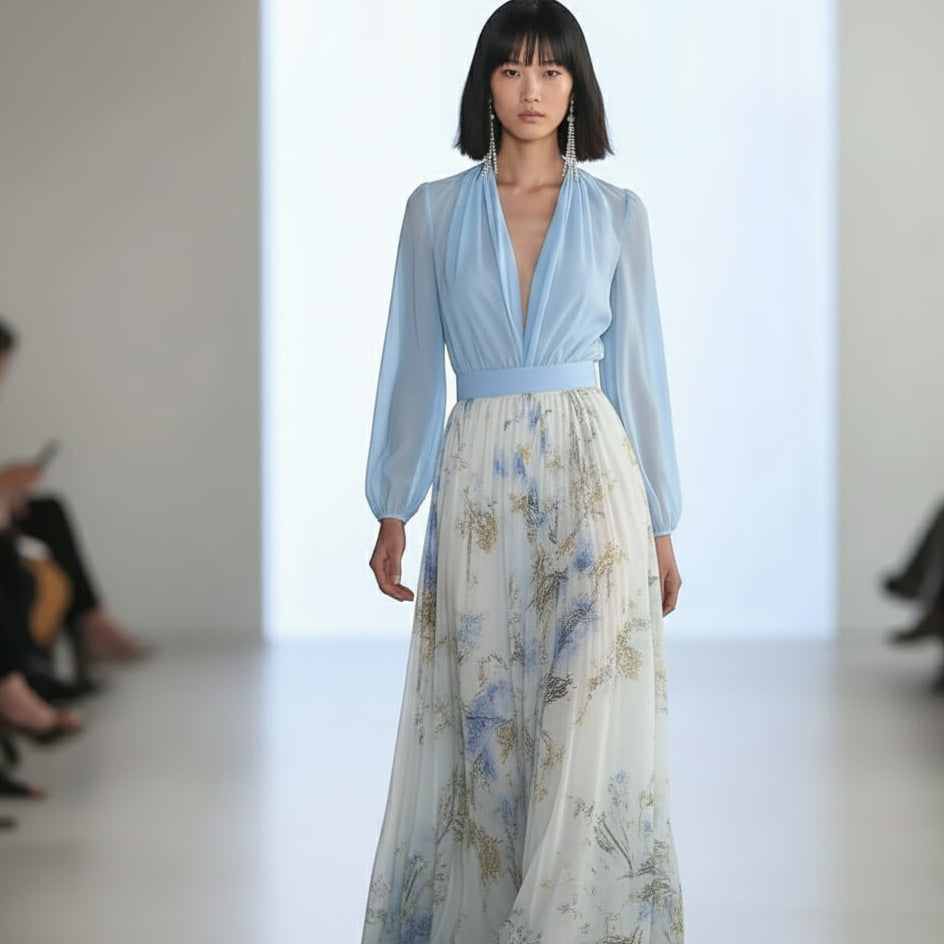 Women’s V-Neck Maxi Dress with Floral Skirt