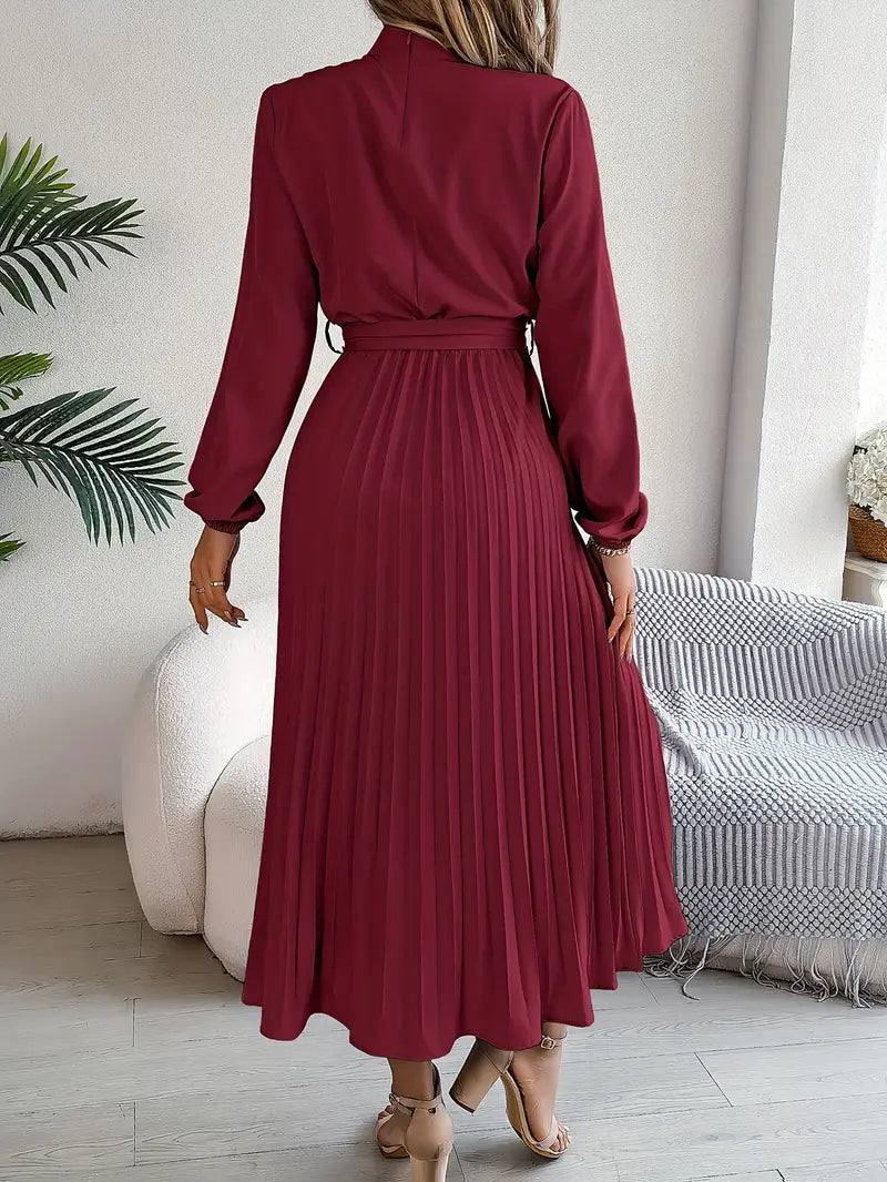 Women’s Pleated Long-Sleeve Belted Midi Dress