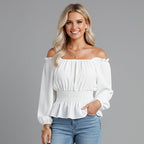 Women’s Off-Shoulder Smocked Waist Ruffle Blouse
