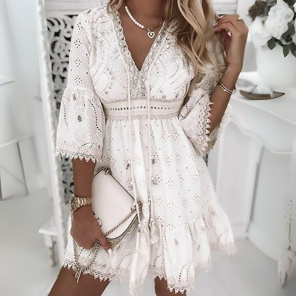 Women’s Boho V-Neck Mini Dress with Embroidery