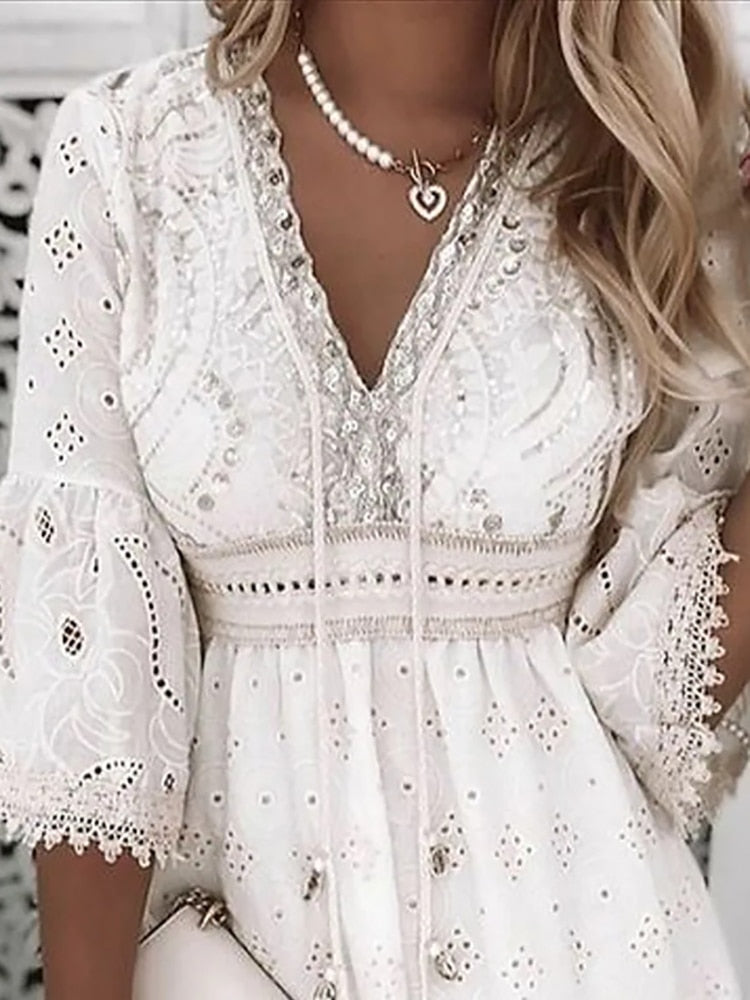 Women’s Boho V-Neck Mini Dress with Embroidery