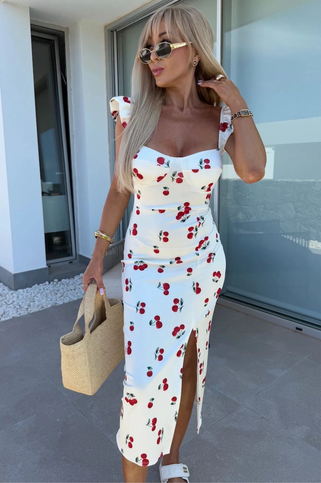 Women’s Sleeveless Floral Midi Dress with Side Slit