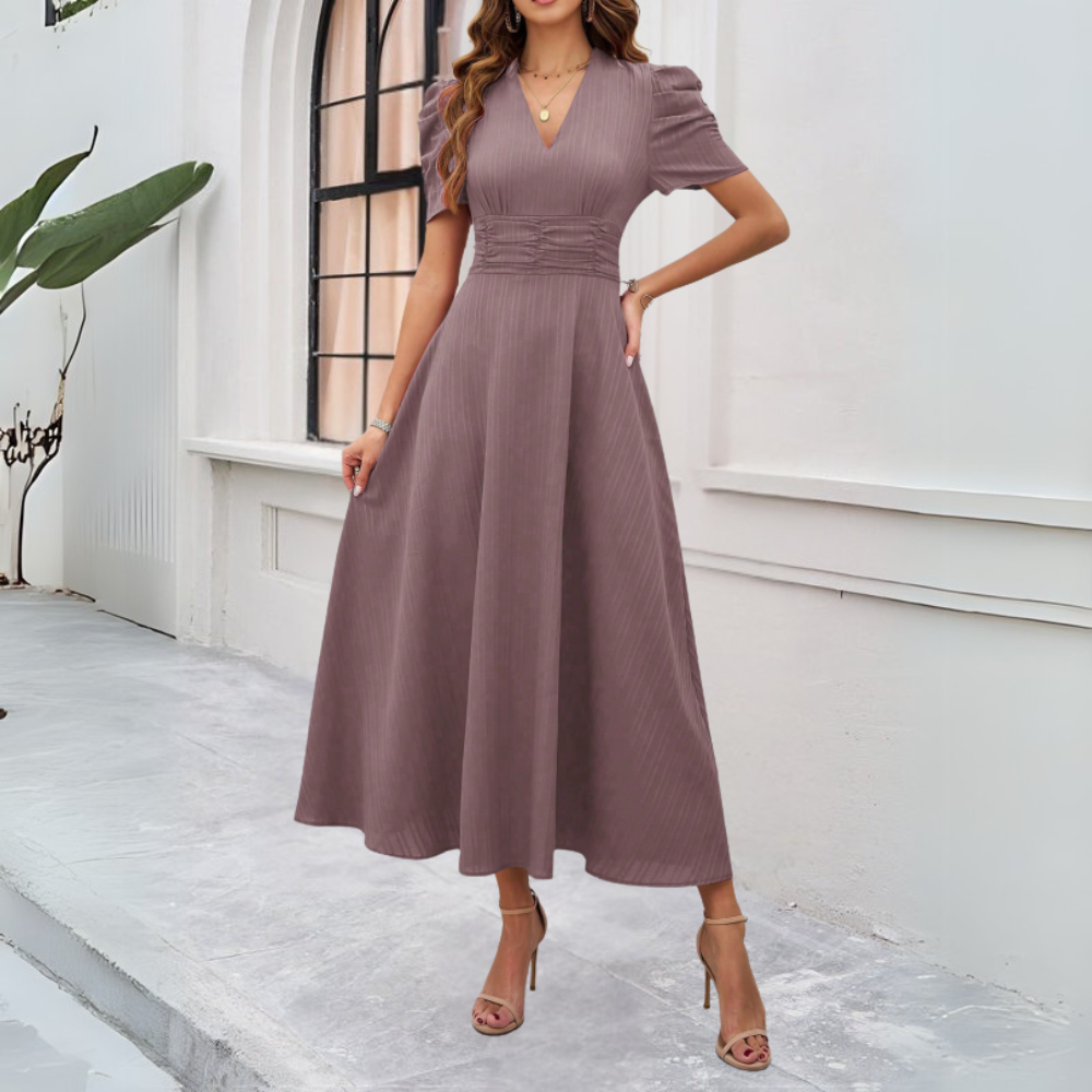 Women’s V-Neck Puff Sleeve Maxi Dress with Fitted Waist