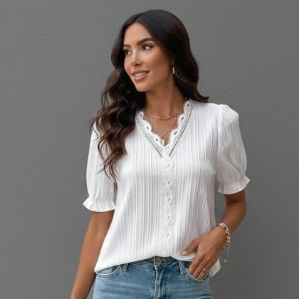 Women’s Pleated V-Neck Blouse with Puff Sleeves