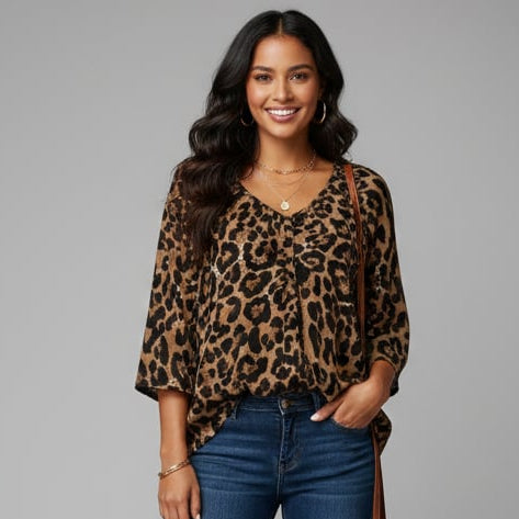 Women's Animal Print Blouse with V-Neck 3/4 Sleeves and Loose Fit