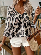 Women's Animal Print Blouse with V-Neck 3/4 Sleeves and Loose Fit