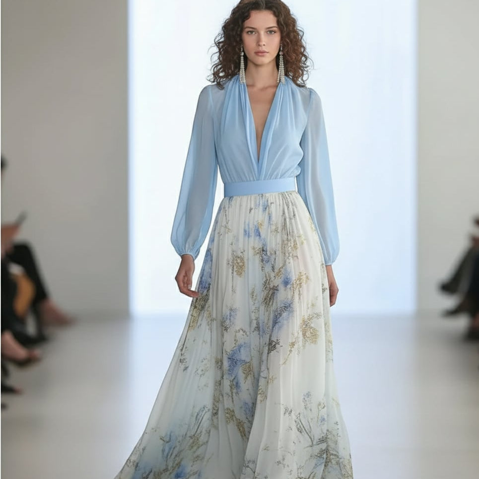 Women’s V-Neck Maxi Dress with Floral Skirt