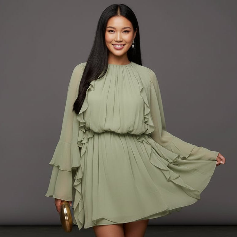Women’s High-Neck Ruffle Long Sleeve Mini Dress