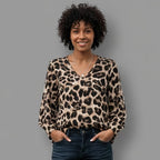 Women’s Long-Sleeve Leopard Print V-Neck Blouse