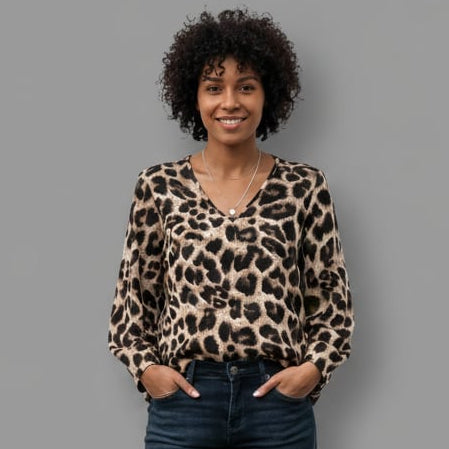 Women’s Long-Sleeve Leopard Print V-Neck Blouse