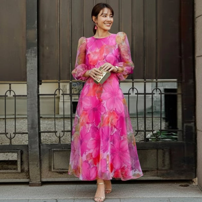 Women’s Floral Midi Dress with Sheer Puff Sleeves