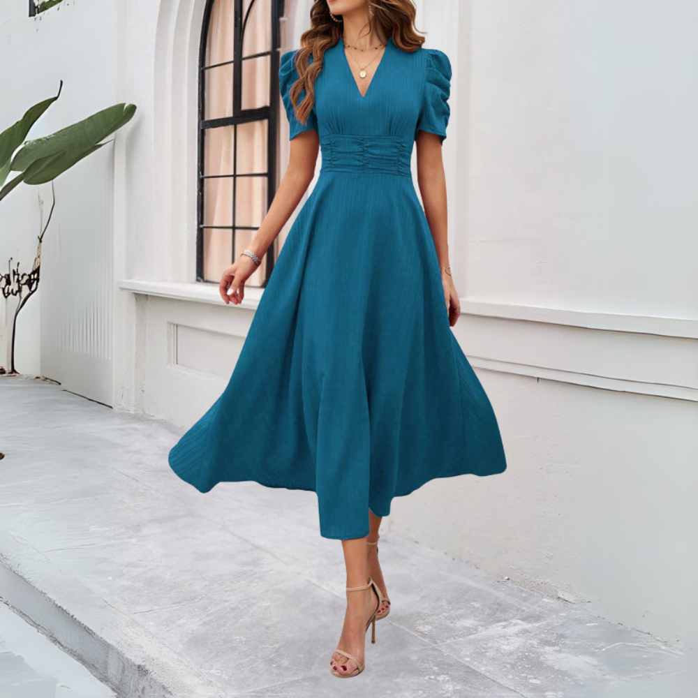 Women’s V-Neck Puff Sleeve Maxi Dress with Fitted Waist