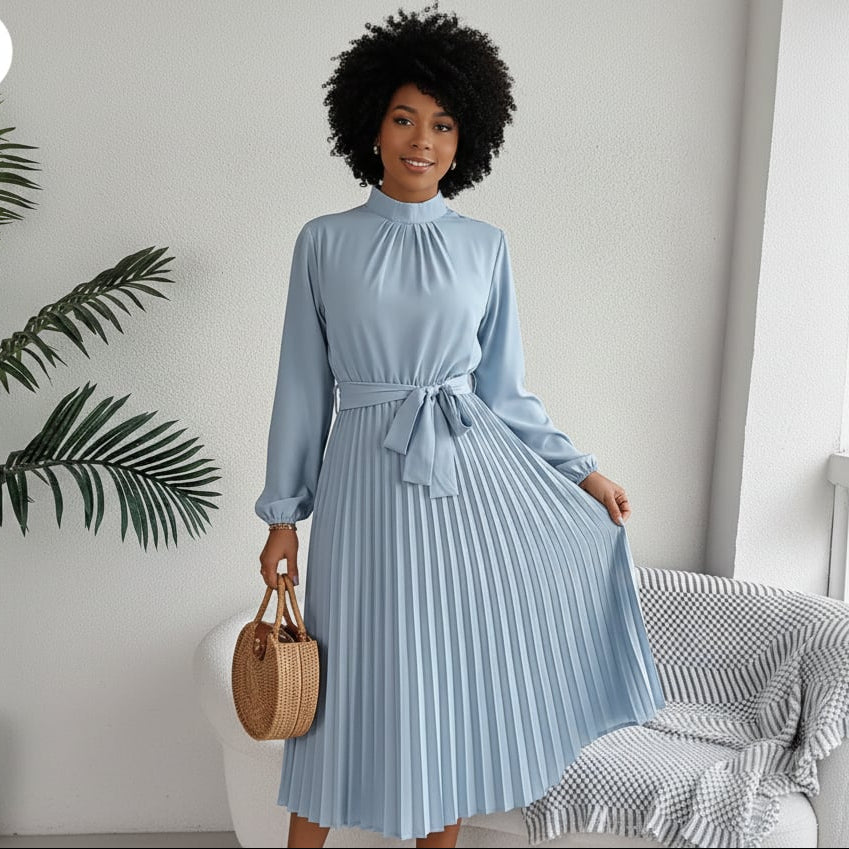 Women’s Pleated Long-Sleeve Belted Midi Dress