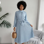 Women’s Pleated Long-Sleeve Belted Midi Dress