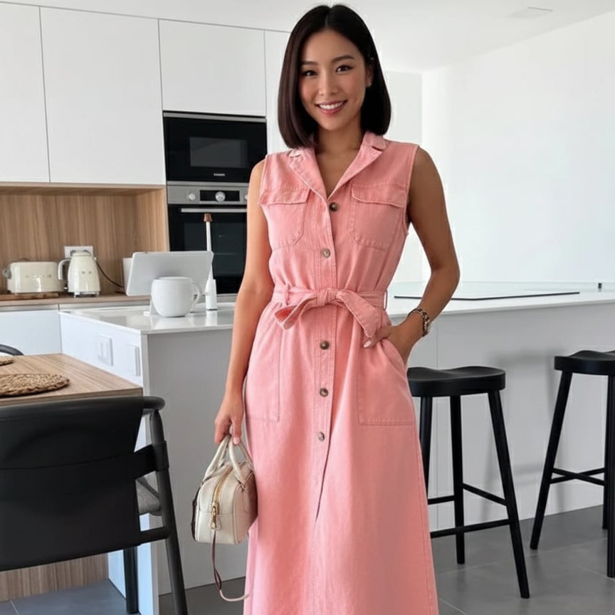 Women’s Sleeveless Denim Maxi Dress with Belted Waist