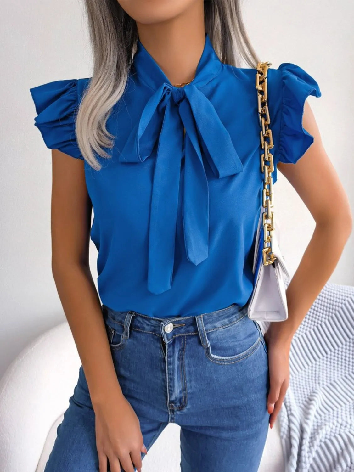 Women’s Ruffle Sleeve Tie-Neck Blouse