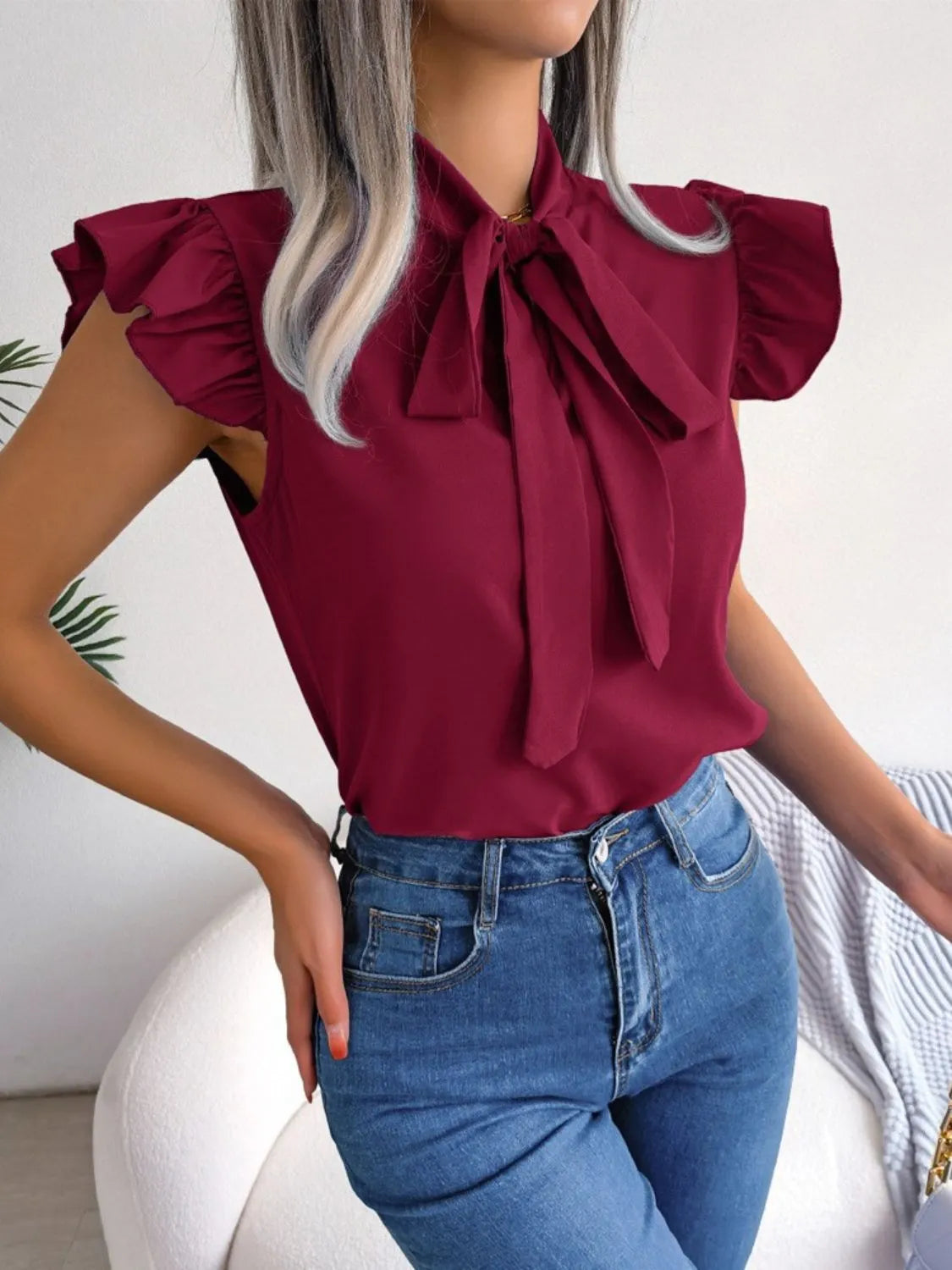 Women’s Ruffle Sleeve Tie-Neck Blouse