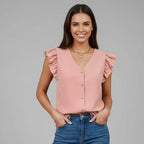 Women’s Sleeveless V-Neck Button-Up Ruffle Blouse