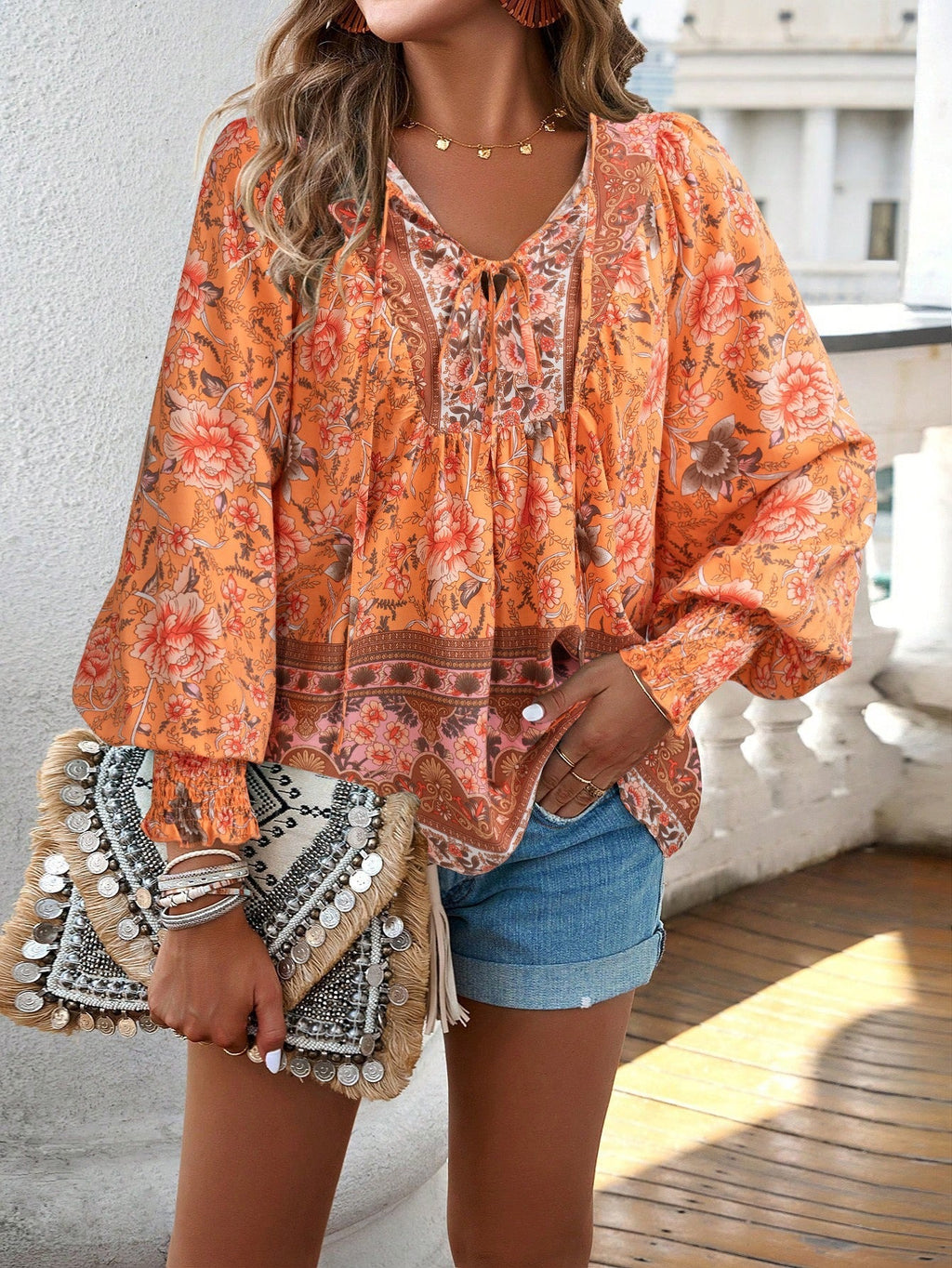 Women’s Boho Floral Tunic Top with V-Neck Tie
