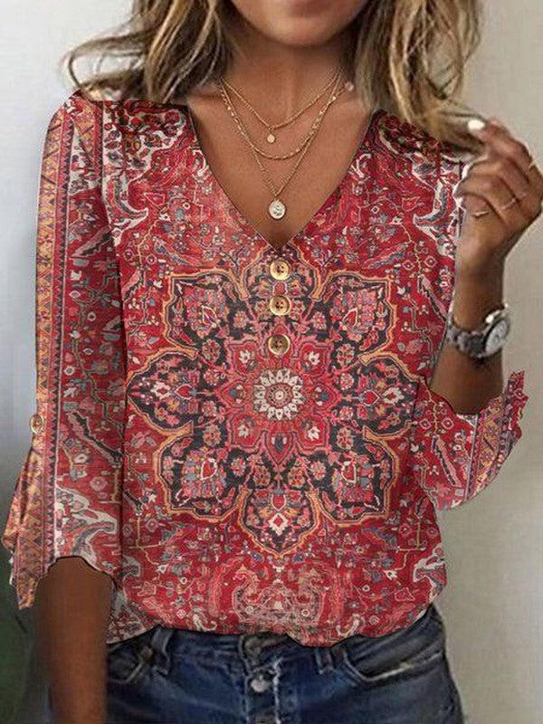 Women’s Floral V-Neck Button Down Blouse