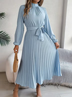 Women’s Pleated Long-Sleeve Belted Midi Dress