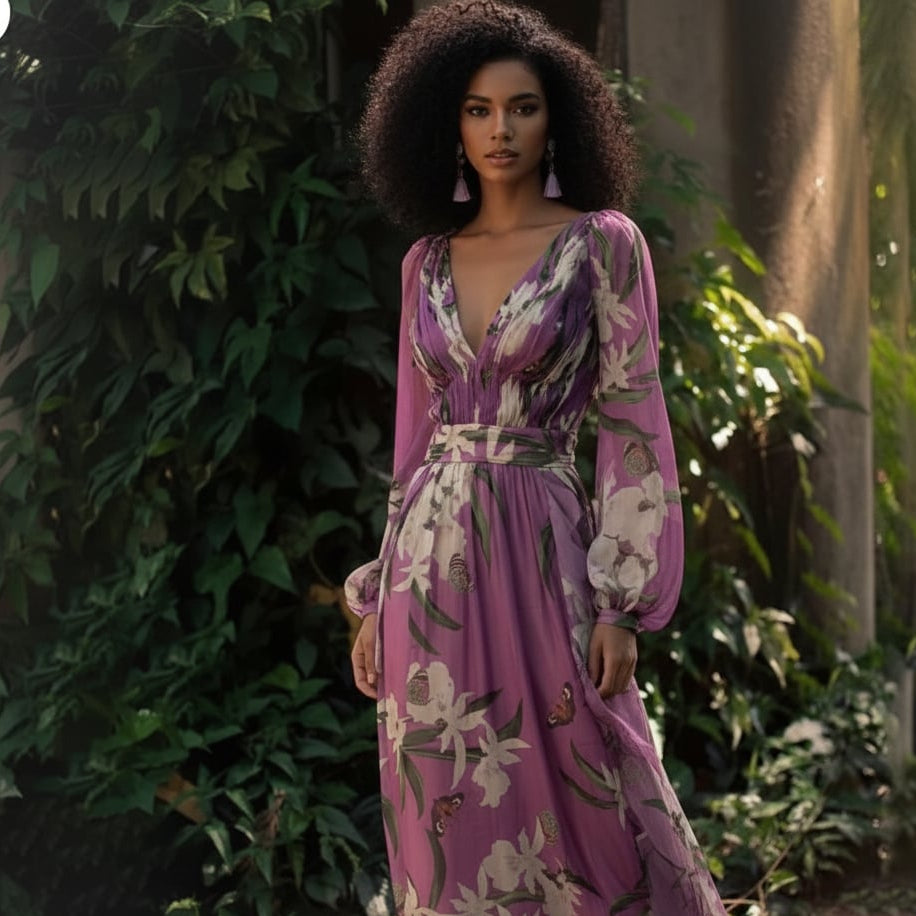 Women’s Long-Sleeve Chiffon Floral V-Neck Maxi Dress