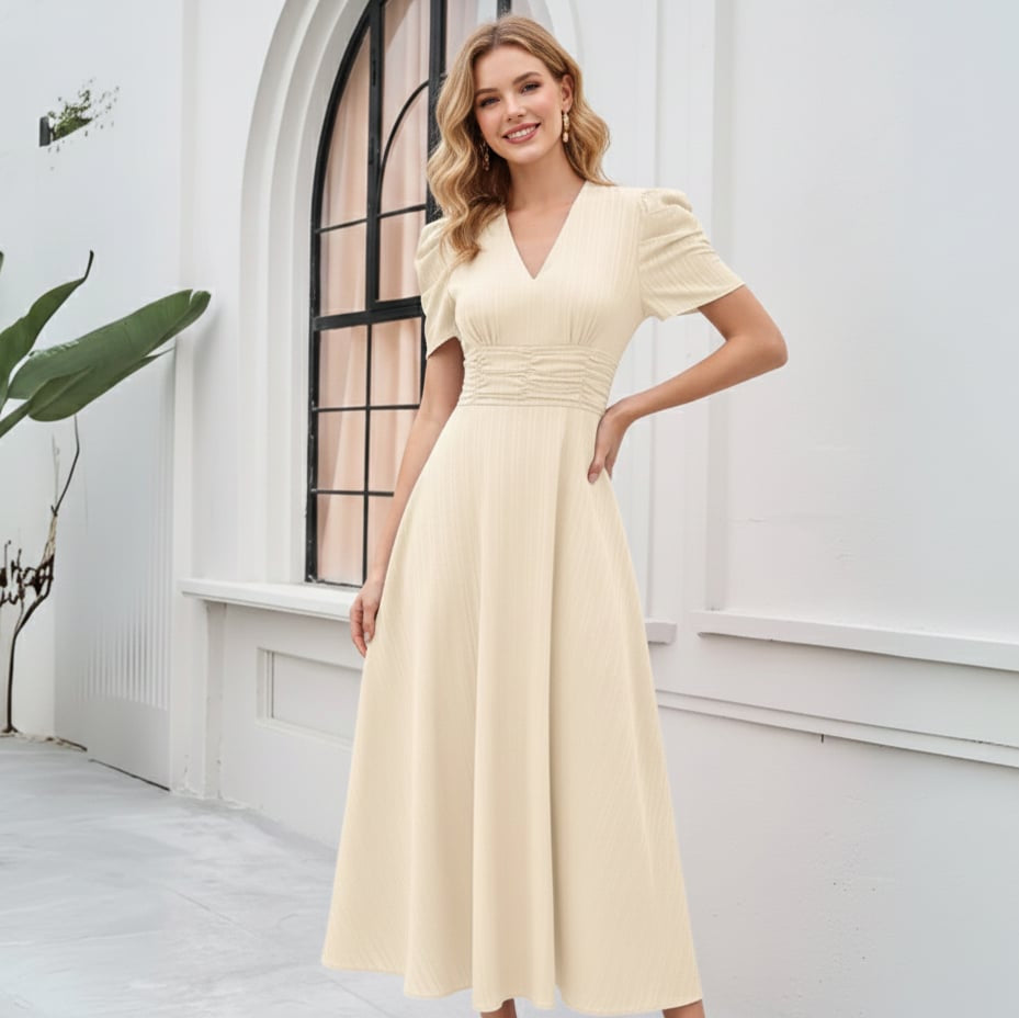 Women’s V-Neck Puff Sleeve Maxi Dress with Fitted Waist
