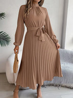 Women’s Pleated Long-Sleeve Belted Midi Dress