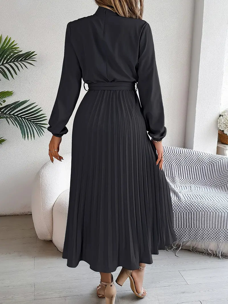Women’s Pleated Long-Sleeve Belted Midi Dress