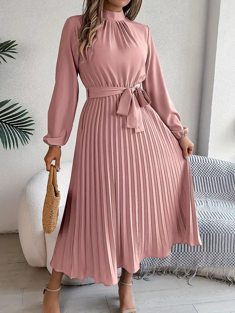 Women’s Pleated Long-Sleeve Belted Midi Dress
