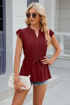 Women’s Button-Front Tie-Waist Cap Sleeve Blouse