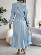Women’s Pleated Long-Sleeve Belted Midi Dress