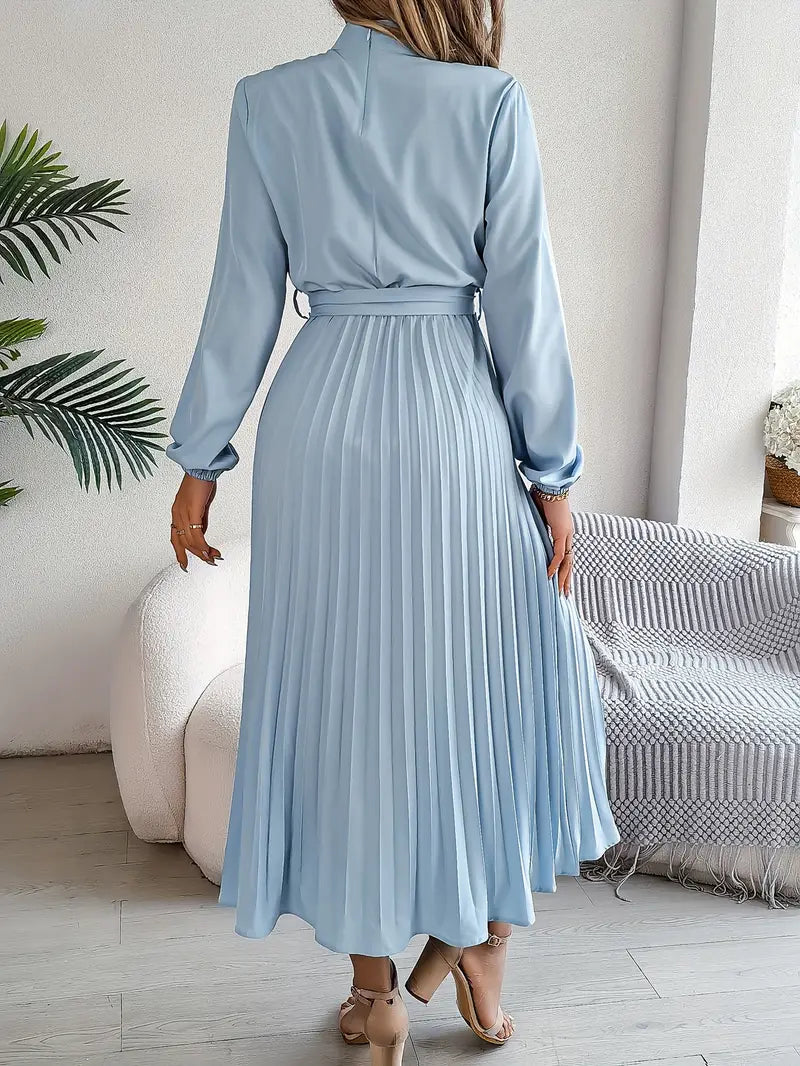 Women’s Pleated Long-Sleeve Belted Midi Dress