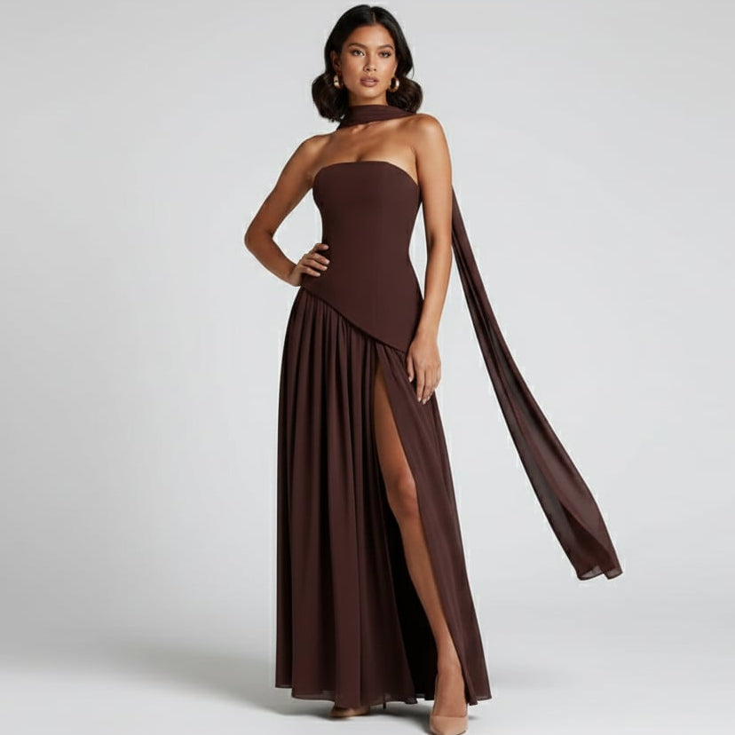Women's Strapless Maxi Dress with High Slit and Asymmetric Waist