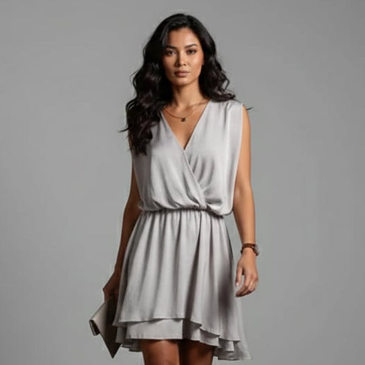 Women's V-Neck Flowy Mini Dress with Short Sleeves and High Waist