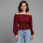 Women’s Off-Shoulder Smocked Waist Ruffle Blouse