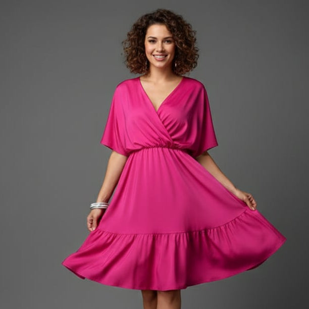 Women's V-Neck Flowy Mini Dress with Short Sleeves and High Waist