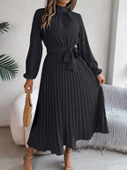 Women’s Pleated Long-Sleeve Belted Midi Dress