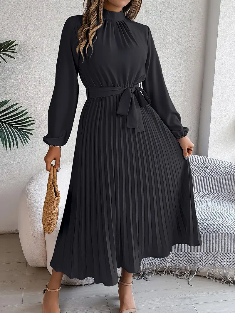 Women’s Pleated Long-Sleeve Belted Midi Dress