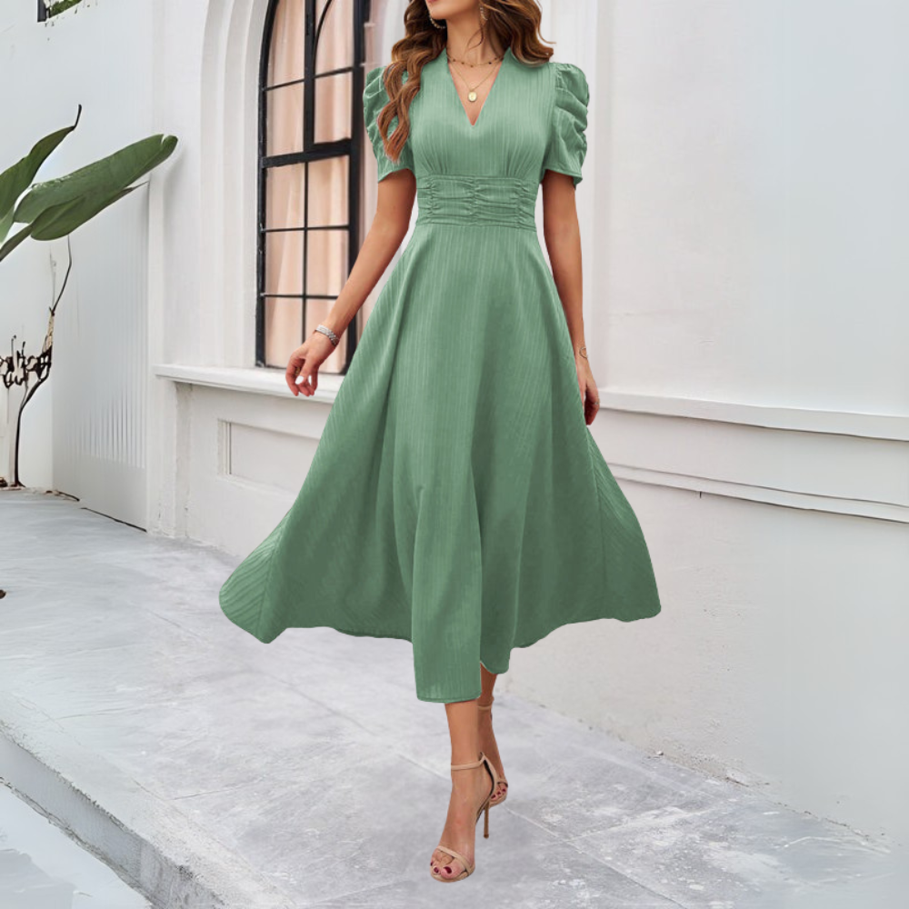 Women’s V-Neck Puff Sleeve Maxi Dress with Fitted Waist