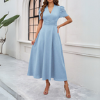 Women’s V-Neck Puff Sleeve Maxi Dress with Fitted Waist