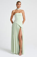 Women's Strapless Maxi Dress with High Slit and Asymmetric Waist