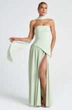 Women's Strapless Maxi Dress with High Slit and Asymmetric Waist